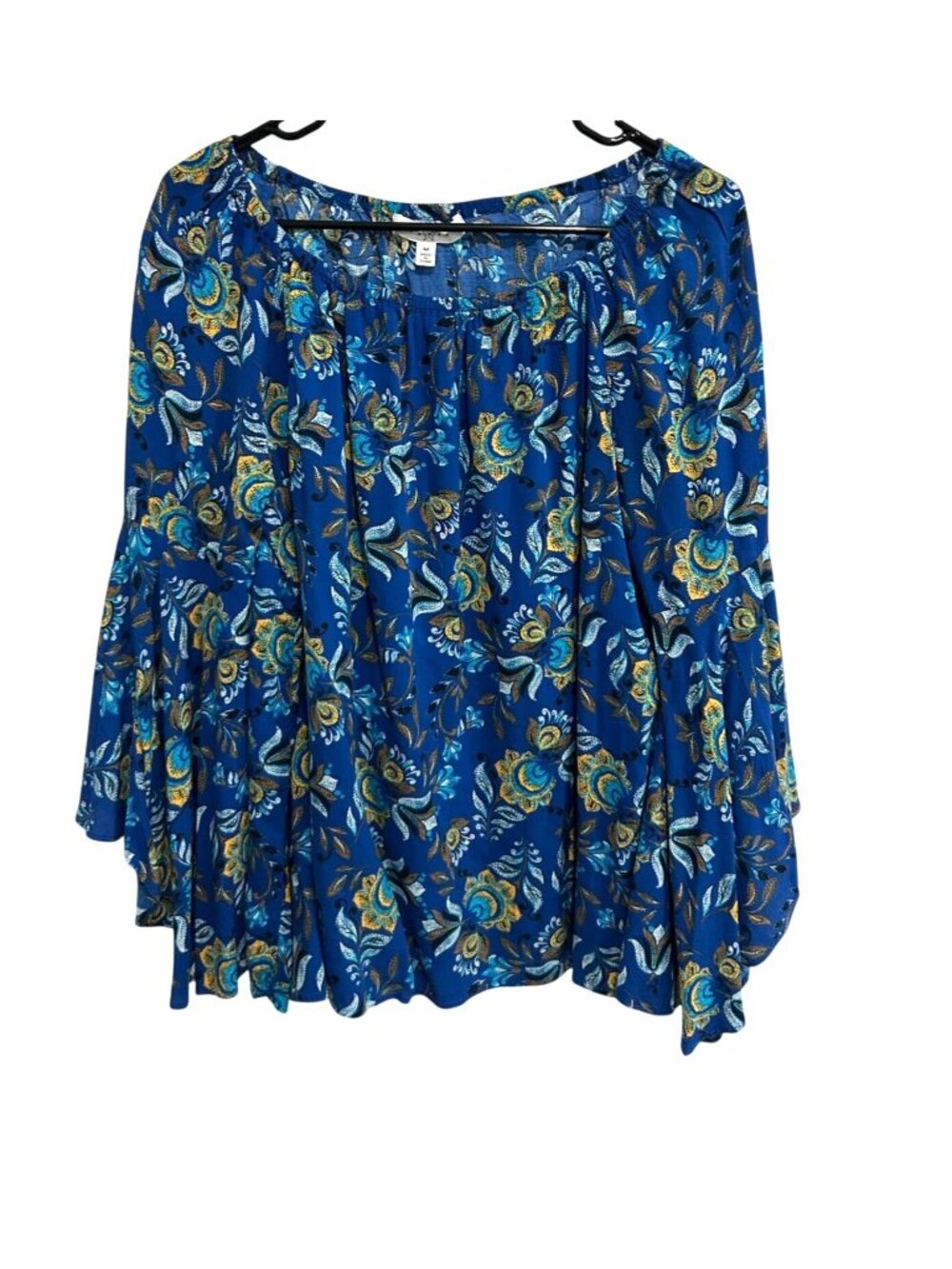 Fever Medium Blue Floral Boho Bell Sleeve Rayon Top Bohemian Floralcore